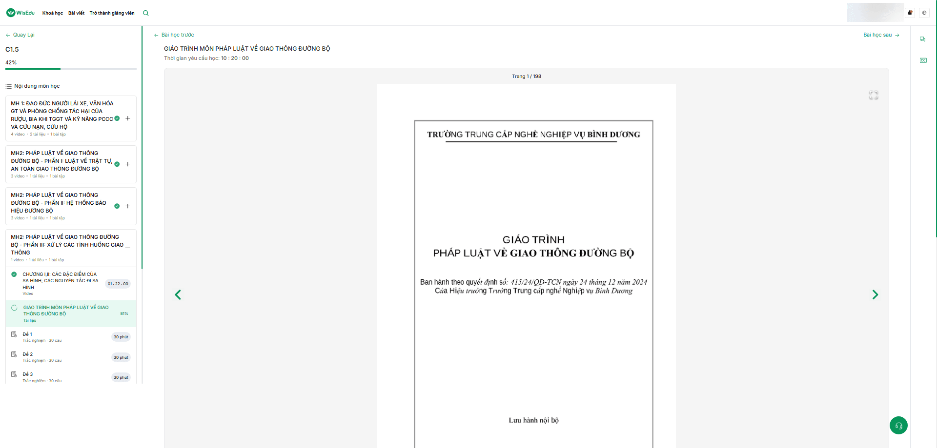 Dịch vụ học hộ lý thuyết online WISEDU - Giao diện hệ thống học lý thuyết bằng lái xe 1